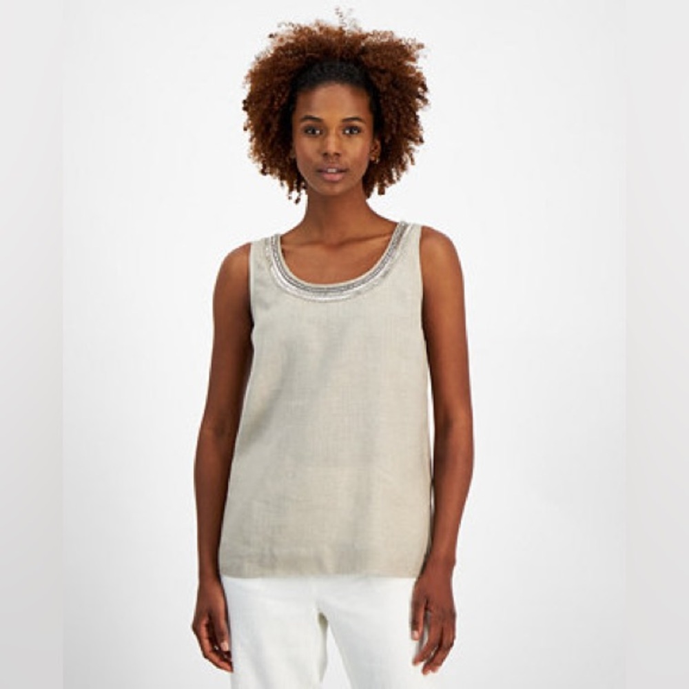 Charter Club Tan Linen Embellished Tank Sz. L‎